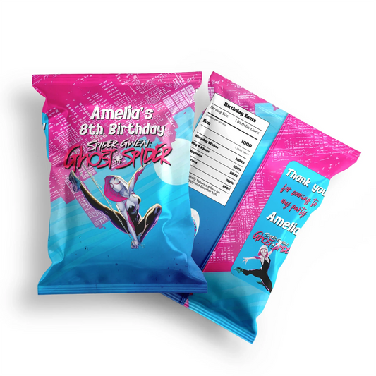 Spider-Woman chips bag label with dynamic comic artwork and web accents