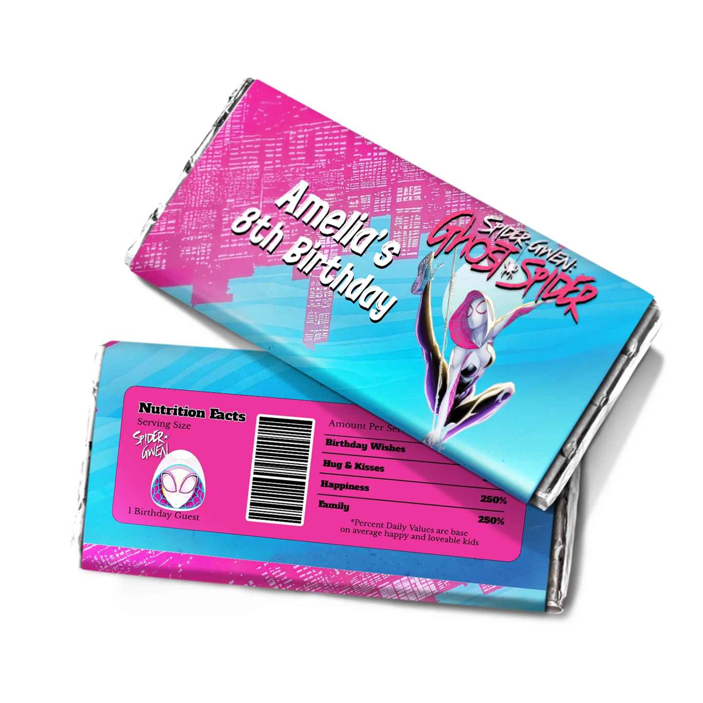Spider-Woman chocolate label with bold red and blue web graphics on white background