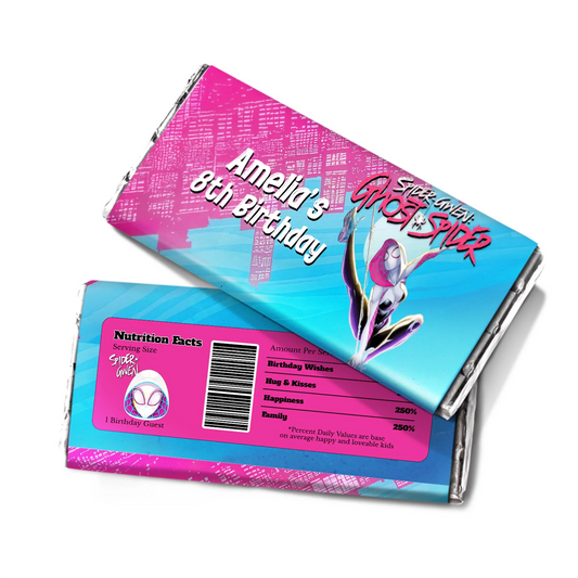 Spider-Woman chocolate label with bold red and blue web graphics on white background