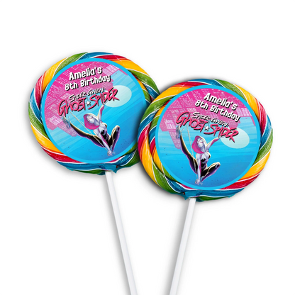 Spider-Woman lollipop label with bright red and blue comic web design