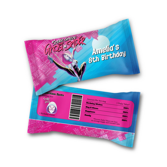 Spider-Woman Skittles label with bold comic graphics in red and blue tones