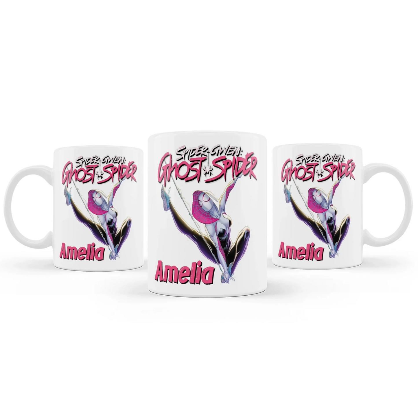 Spider-Woman sublimation mug with vibrant red and blue web design on white ceramic