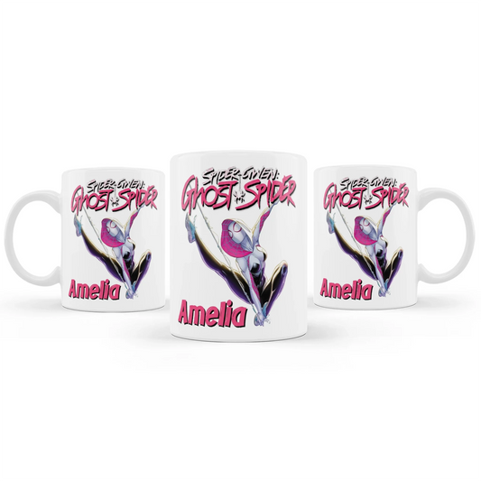 Spider-Woman sublimation mug with vibrant red and blue web design on white ceramic