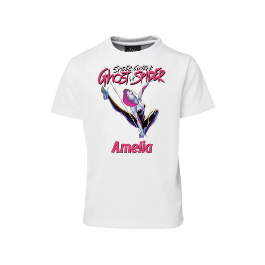 Spider-Woman sublimation T-shirt with colorful comic artwork printed on white fabric