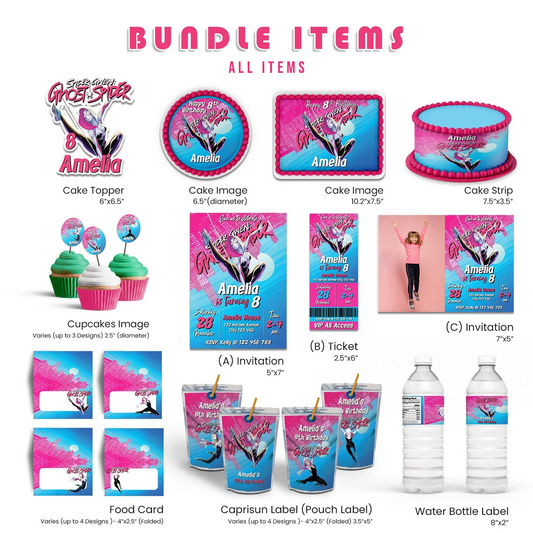 Spider-Woman personalized party pack templates with red, blue, and black web graphics arranged in a clean flat lay