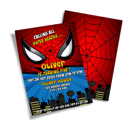 Spiderman Personalized Birthday Card Invitations with custom text and party details