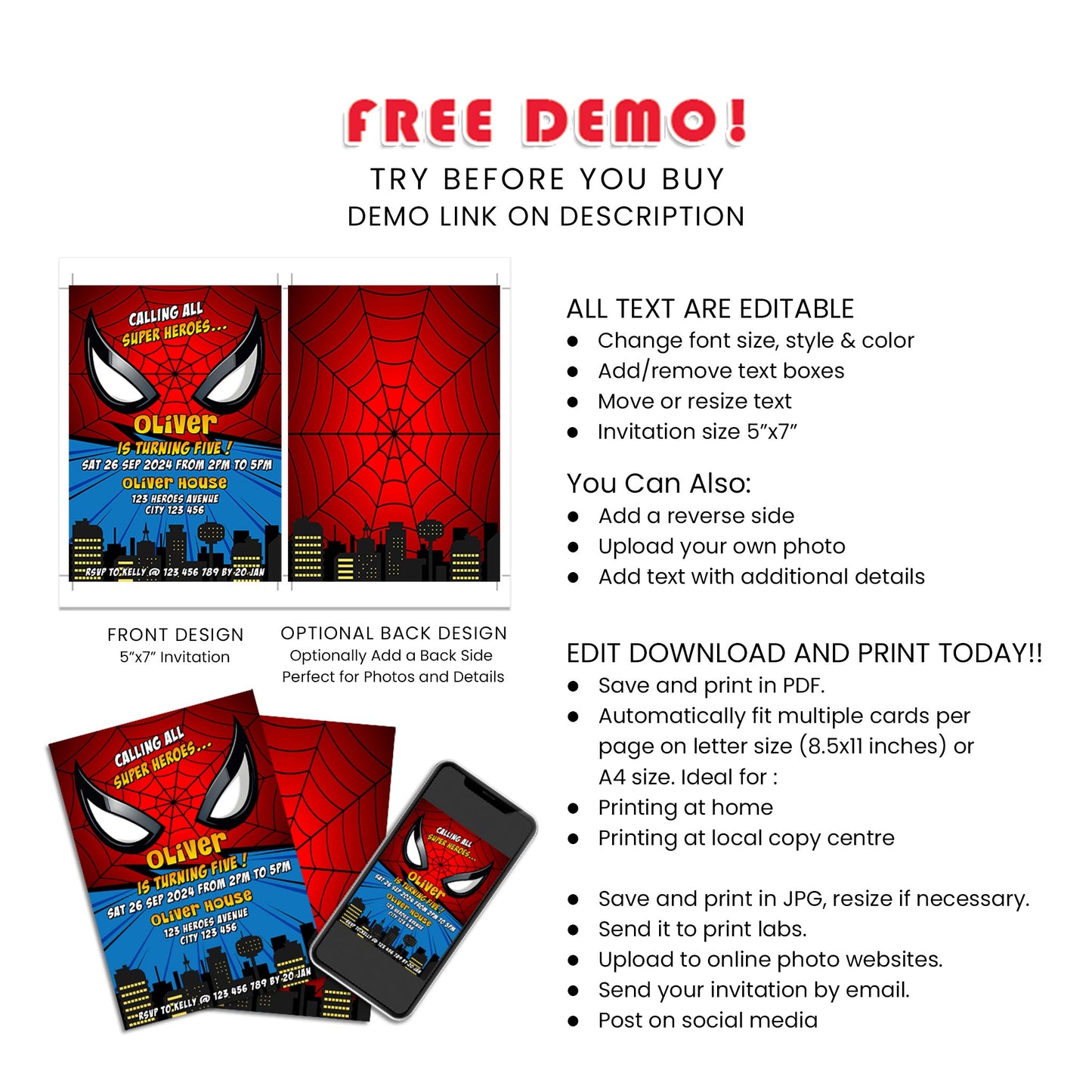 Spiderman Personalized Birthday Card Invitations