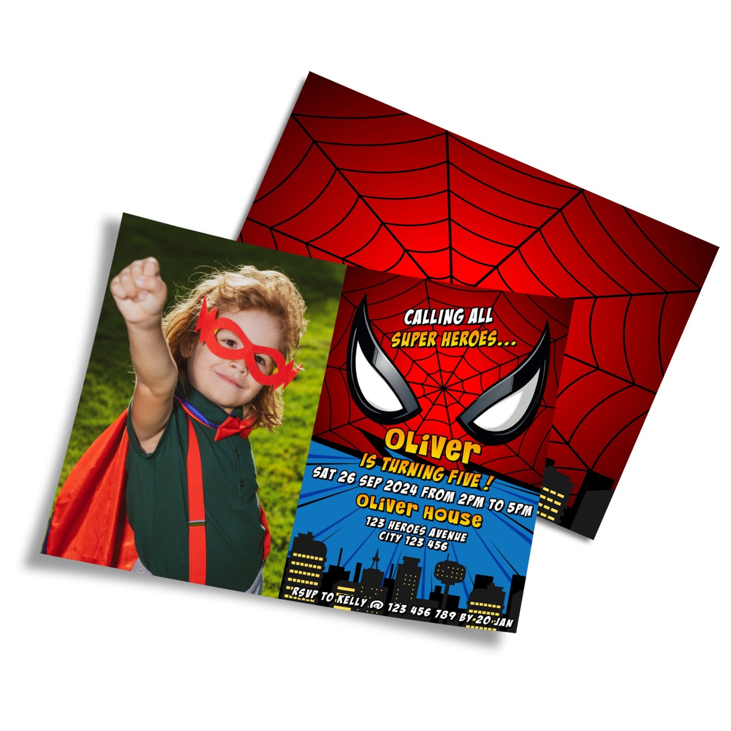 Spiderman Personalized Photo Card Invitations featuring custom image and event details