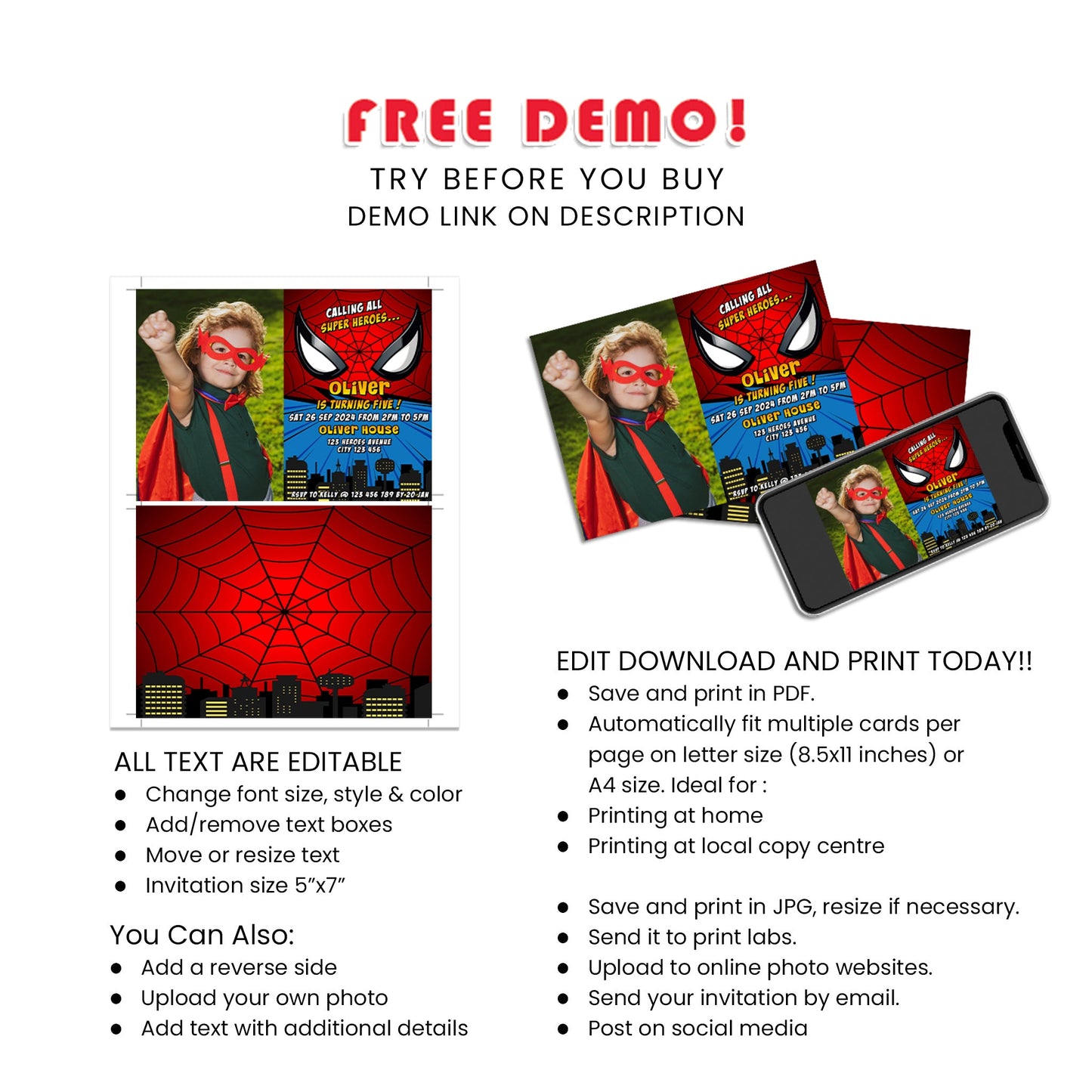 Spiderman Personalized Photo Card Invitations