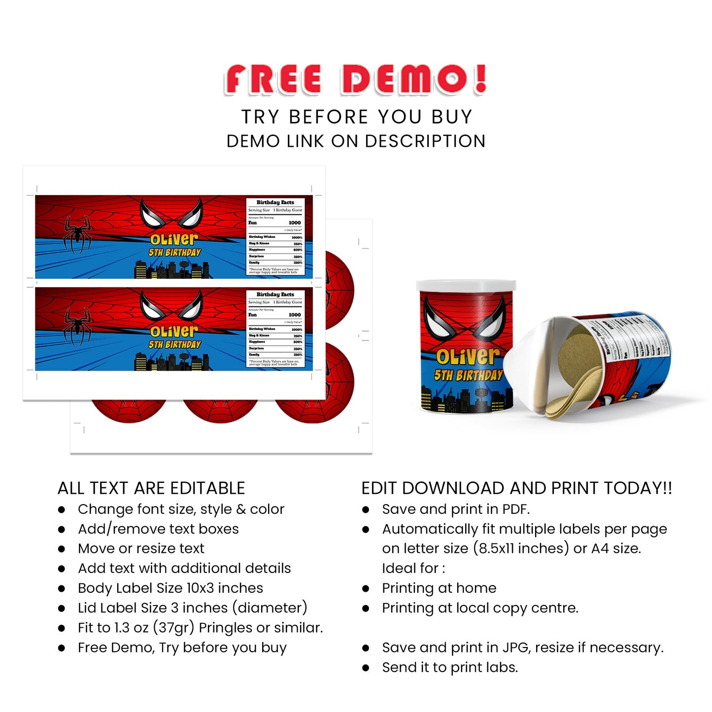 Spiderman Personalized Small Pringles Label