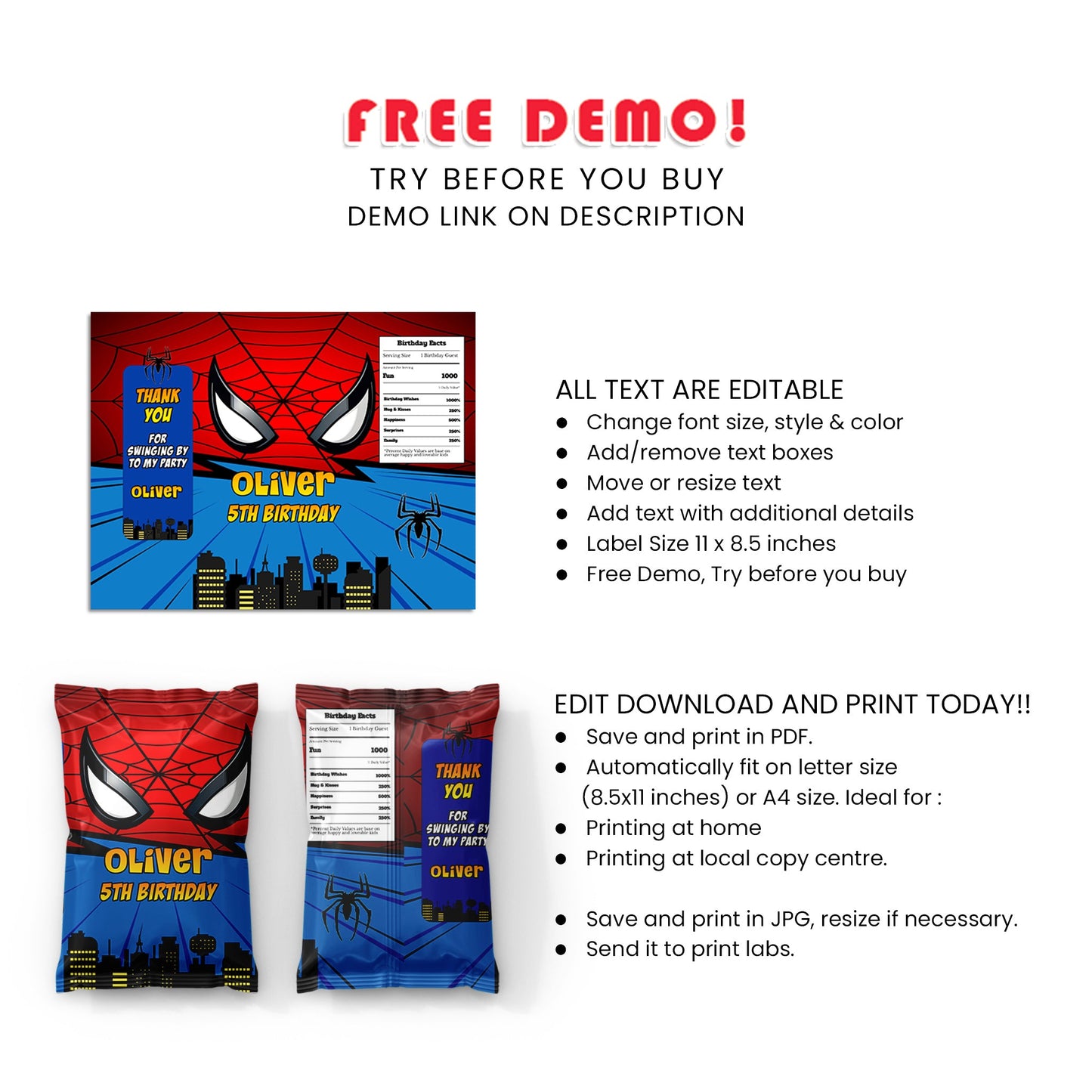 Spiderman Personalized Chips Bag Label