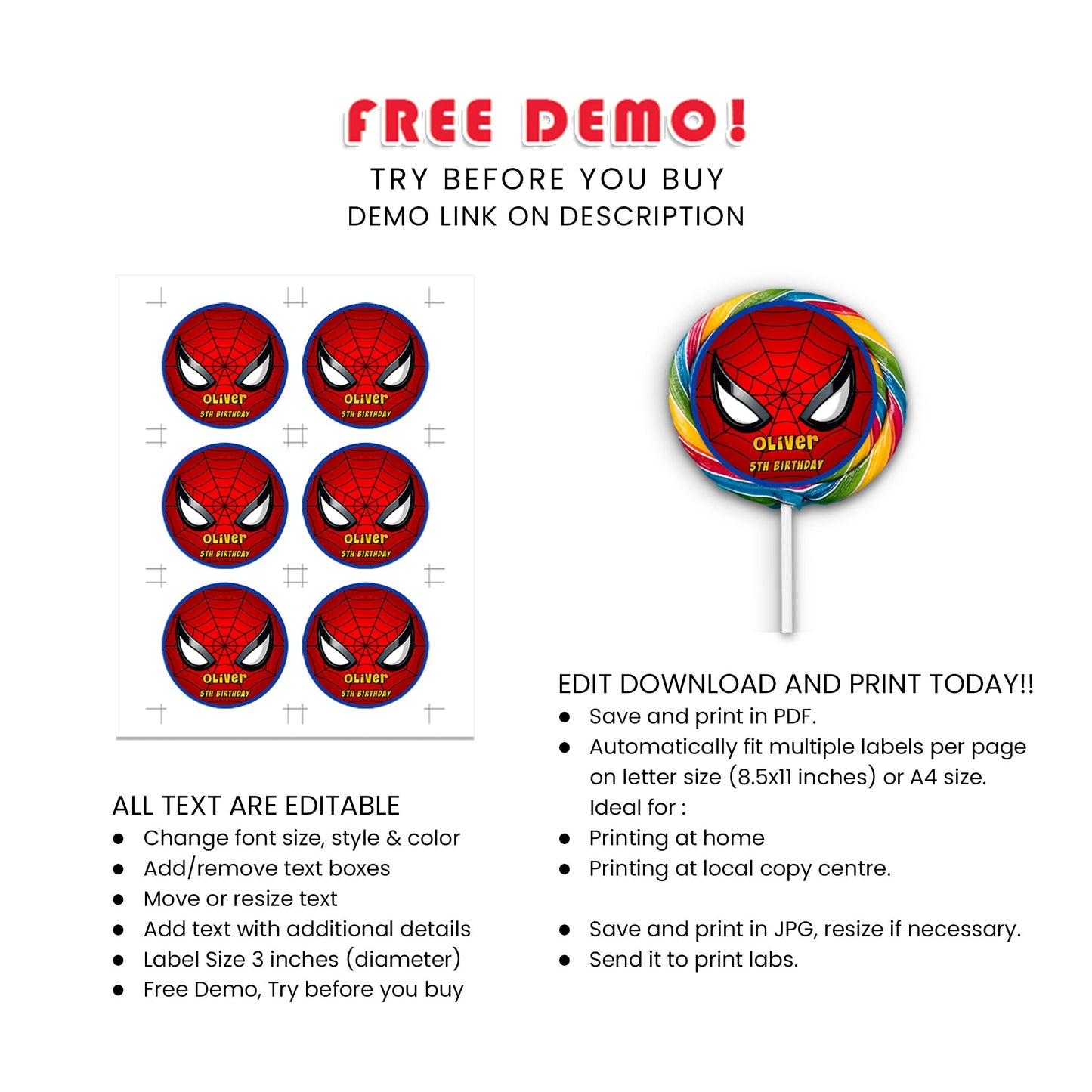 Spiderman Personalized Lollipop Label