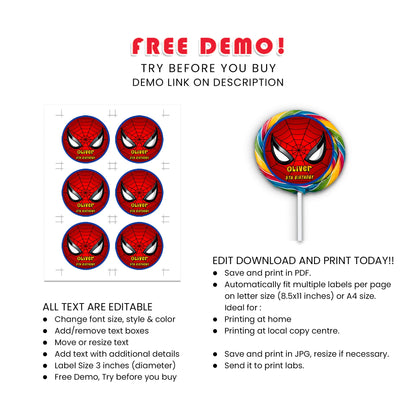 Spiderman Personalized Lollipop Label