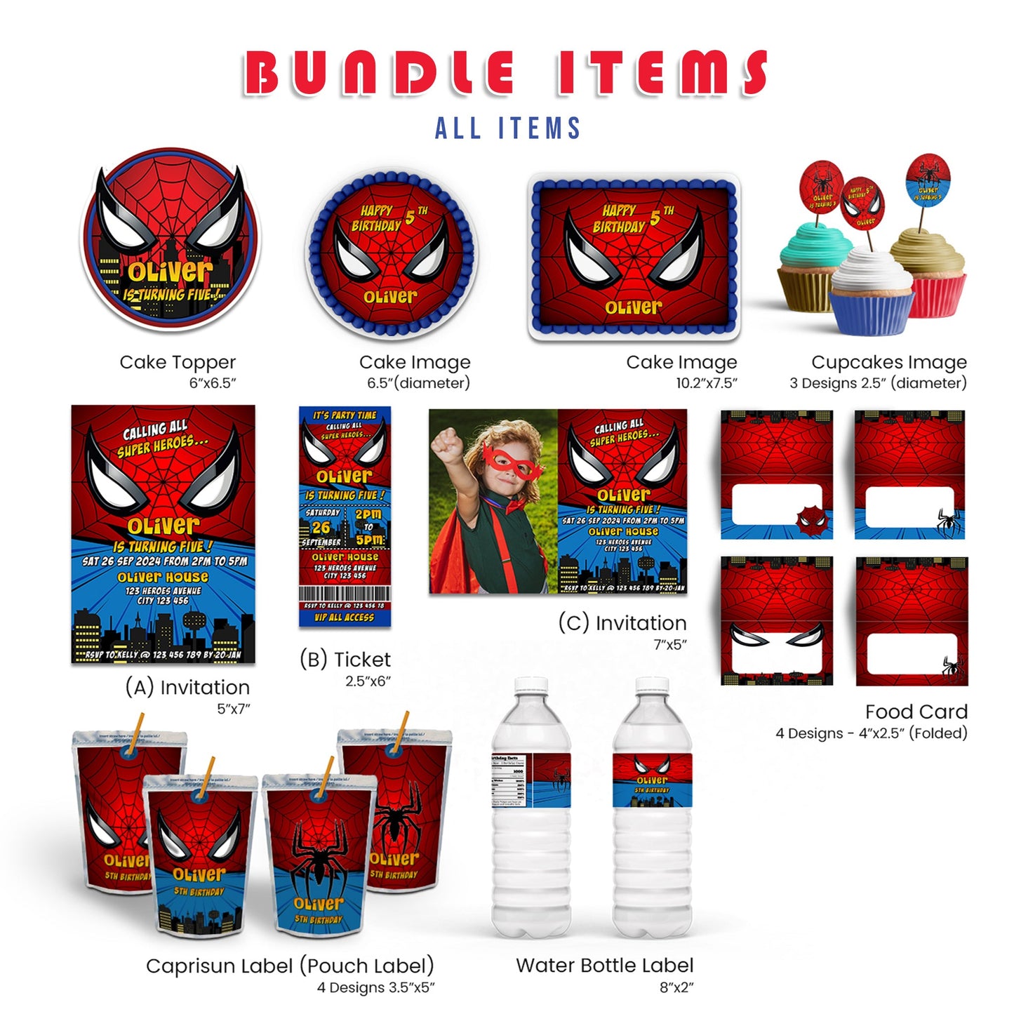 Spiderman Personalized Digital Template Party Pack featuring custom invitations, labels, and decorations