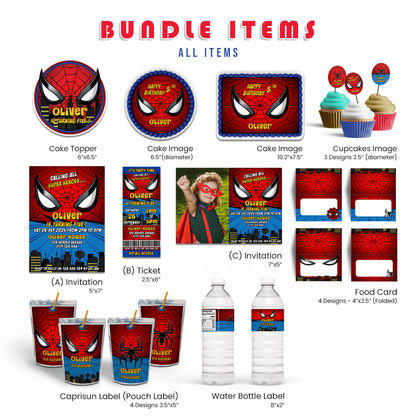 Spiderman Personalized Digital Template Party Pack featuring custom invitations, labels, and decorations