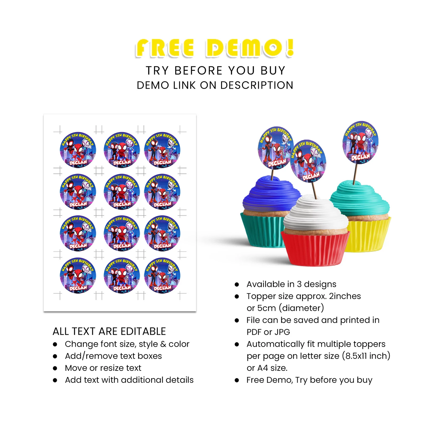 Spidey and His Amazing Friends Personalized Cupcakes Toppers