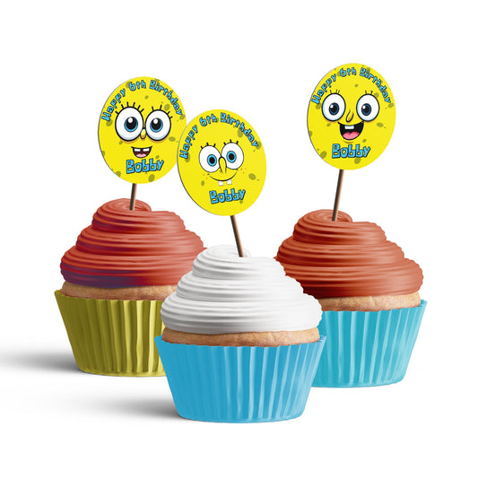 Spongebob themed personalized cupcakes toppers