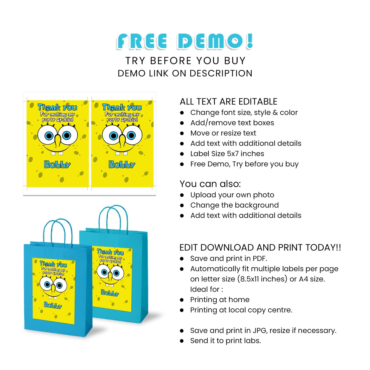 Surprise Your Guests with Spongebob goody Bag Label - Perfect for Party Favors