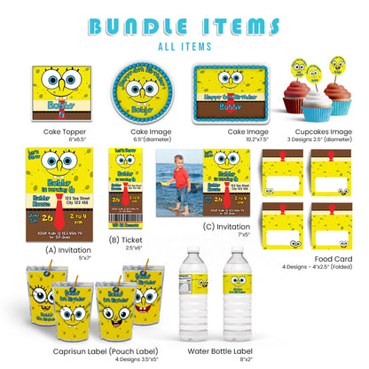 SpongeBob Personalized Digital Template Party Pack featuring customizable party invitations, decorations, and thank you cards for a fun-filled celebration.