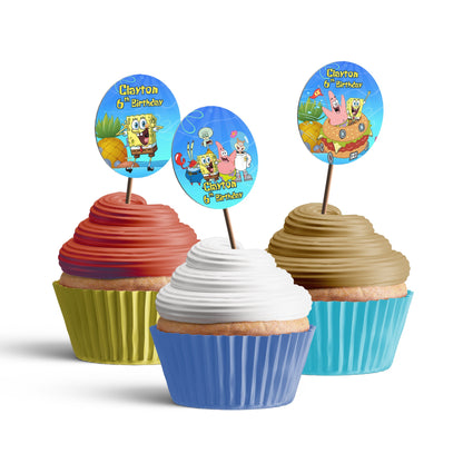 Spongebob themed personalized cupcakes toppers