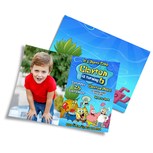 Spongebob themed personalized photo card invitations