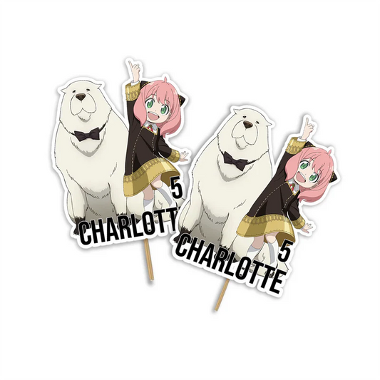 Spy X Family personalized cake toppers with custom name and age displayed as a vibrant 3D paper craft mockup