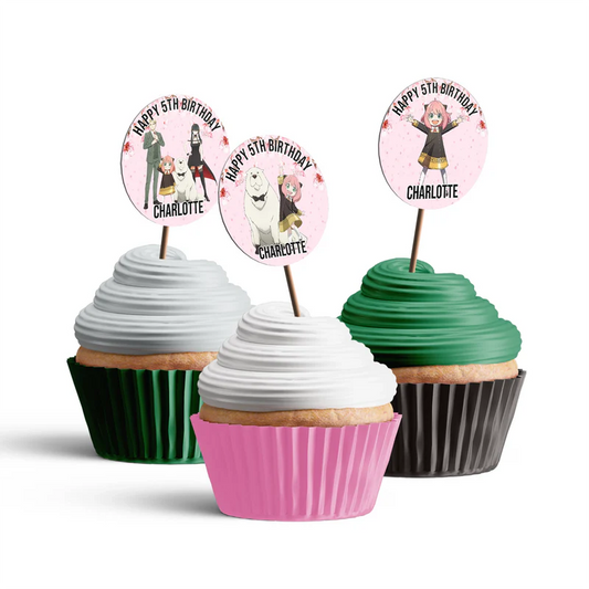 Spy X Family personalized cupcake toppers shown as small round anime decorations on wooden sticks flat lay