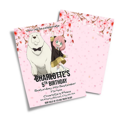Spy X Family personalized birthday card invitations with pink and black anime illustrations and custom text
