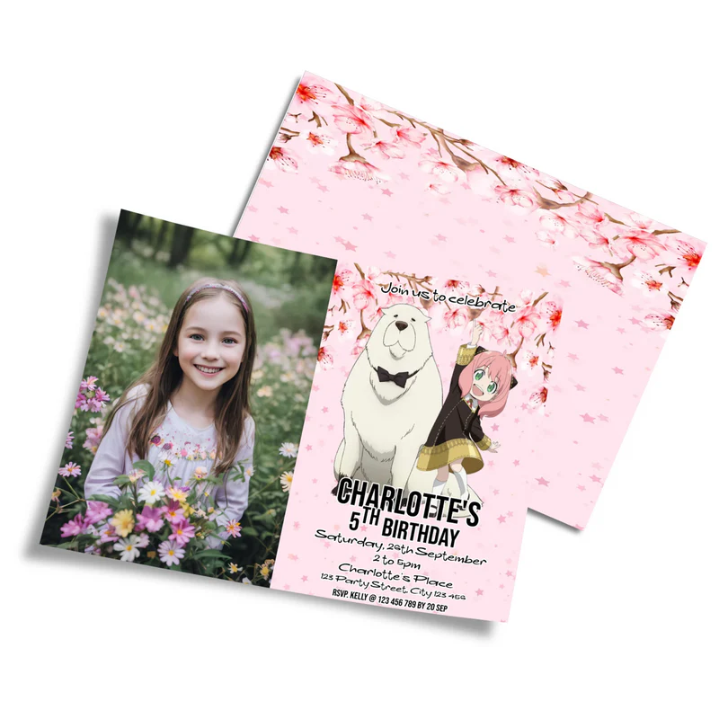 Spy X Family personalized photo card invitations featuring a custom portrait and spy theme border on white