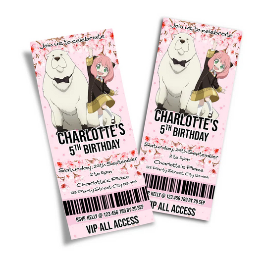 Spy X Family personalized birthday ticket invitations styled as colorful event passes with custom anime details