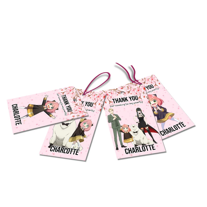 Spy X Family thank you tags with personalized name and cute anime illustration for birthday party favor gifts