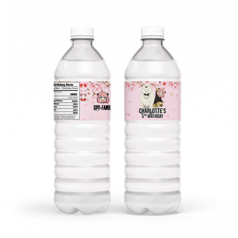 Spy X Family water bottle label with personalized name and waterproof anime pattern on a colorful background