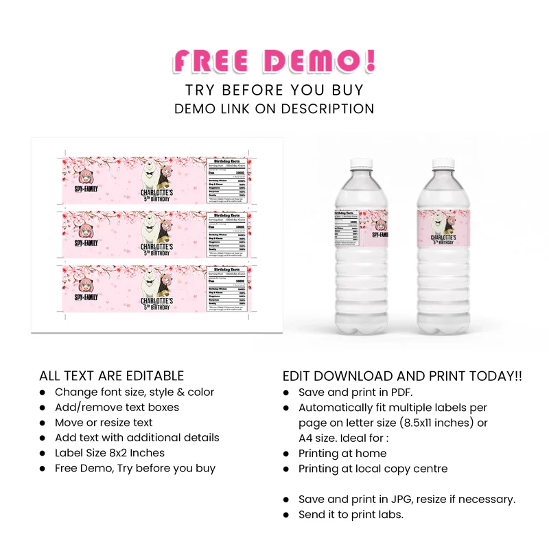 Spy X Family Water Bottle Label - Personalized Party Drink Wraps