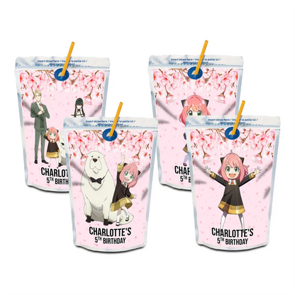 Spy X Family juice pouch label showing a custom rectangular sticker with spy theme graphics for party drinks