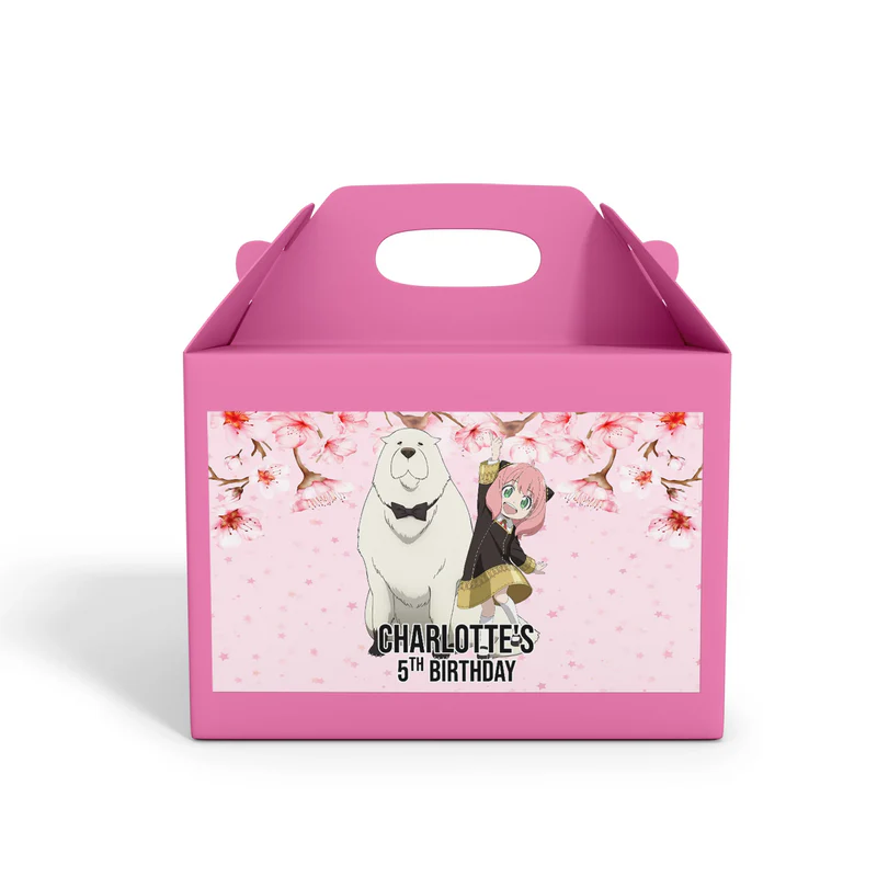 Spy X Family treat box label featuring a personalized name on an anime themed gable box sticker mockup