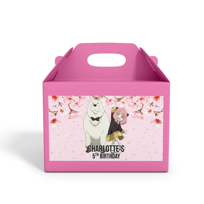 Spy X Family treat box label featuring a personalized name on an anime themed gable box sticker mockup