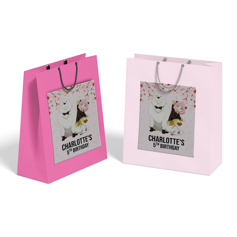 Spy X Family goodie bag label with custom text and vibrant anime graphics on a white favor bag sticker