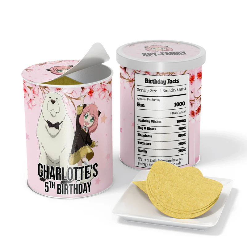 Spy X Family small pringles label featuring a personalized snack can wrap with anime patterns and name