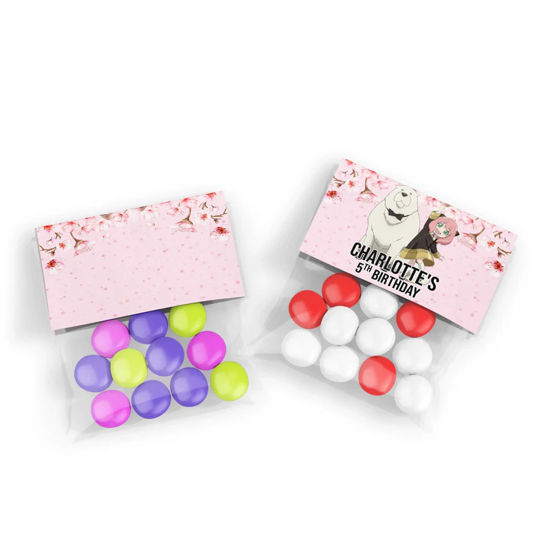 Spy X Family treat bag topper label showing a folded personalized paper header with cute anime illustrations