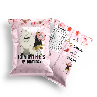 Spy X Family chips bag label with personalized name and vibrant spy theme for custom party snack packaging