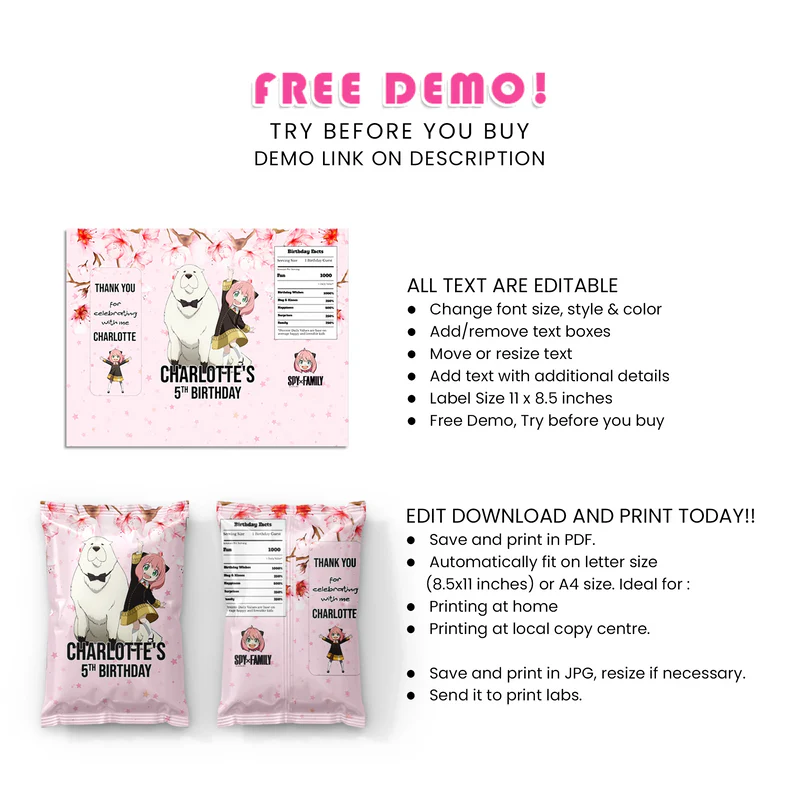 Spy X Family Chips Bag Label - Personalized Party Snack Wraps