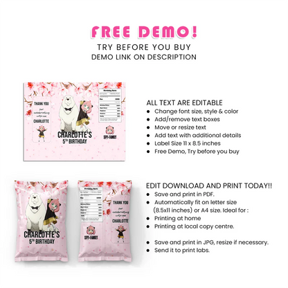 Spy X Family Chips Bag Label - Personalized Party Snack Wraps