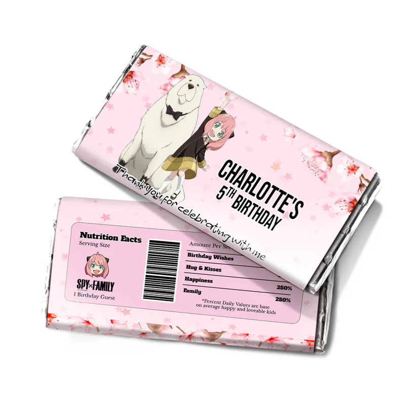 Spy X Family chocolate label featuring a personalized candy bar wrapper with anime graphics and custom text