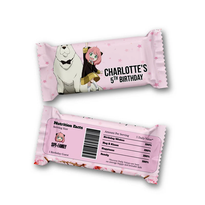 Spy X Family rice krispies and candy bar label with custom name and spy theme patterns for sweet treat wraps