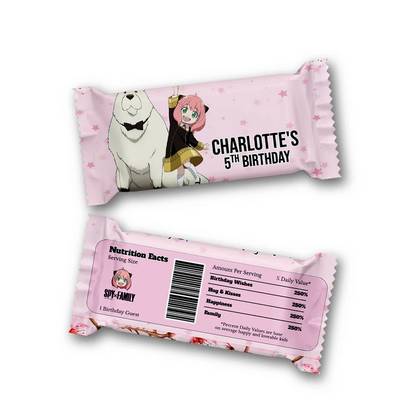 Spy X Family rice krispies and candy bar label with custom name and spy theme patterns for sweet treat wraps