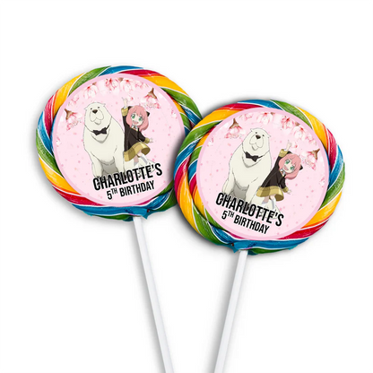 Spy X Family lollipop label showing a round personalized sticker with cute anime portraits for candy favors