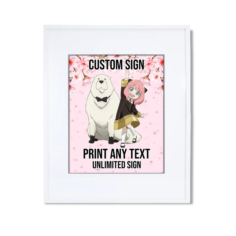 Spy X Family custom sign featuring a personalized message and large spy theme illustration for party wall decor