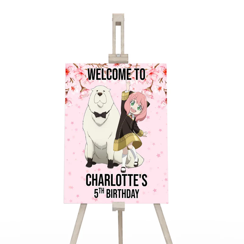 Spy X Family welcome sign with custom name and festive anime theme on a large vertical party poster mockup