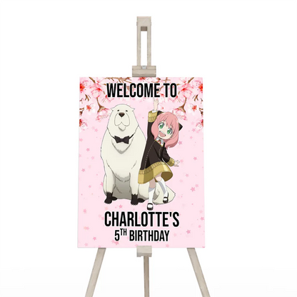 Spy X Family welcome sign with custom name and festive anime theme on a large vertical party poster mockup