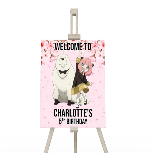 Spy X Family welcome sign with custom name and festive anime theme on a large vertical party poster mockup